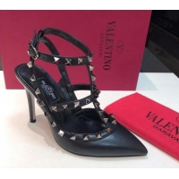 Unique Style Valentino Rockstud Lambskin High Heel Pumps 9.5cm with Double Straps Black/Aged Silver 330144