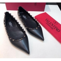 Most Popular Valentino Rockstud Lambskin Flat Ballerinas Black/Aged Silver 330148