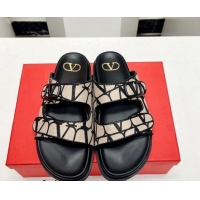 Discount Valentino VLogo Strap Flat Slide Sandals in Toile Iconographe Fabric Black/Beige 330149