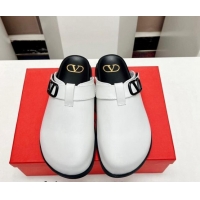 Classic Hot Valentino VLogo Flat Mules in Calf Leather White/Black 330155