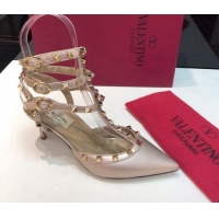 Good Quality Valentino Rockstud Metallic Lambskin Medium Heel Pumps 6.5cm with Three Straps Pink 403040