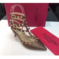 Sophisticated Valentino Rockstud Metallic Lambskin Medium Heel Pumps 6.5cm with Three Straps Bronze Gold 403041