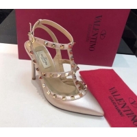 Good Product Valentino Rockstud Metallic Lambskin High Heel Pumps 9.5cm with Double Straps Pink 403042