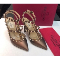 Cheap Price Valentino Rockstud Metallic Lambskin High Heel Pumps 9.5cm with Double Straps Bronze Gold 403043