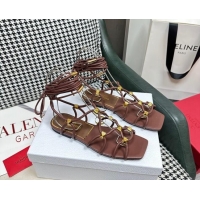 Sumptuous Valentino Rockstud Net Calfskin Flat Sandals Brown 403048