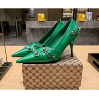 Grade Balenciaga Cagole 9cm Pumps in Oil Leather with Stud Buckle Green/Aged Silver 2113049