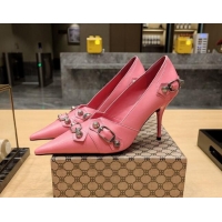 Good Quality Balenciaga Cagole 9cm Pumps in Oil Leather with Stud Buckle Pink/Aged Silver 2113051