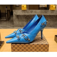 Trendy Design Balenciaga Cagole 9cm Pumps in Oil Leather with Stud Buckle Blue/Aged Silver 113053