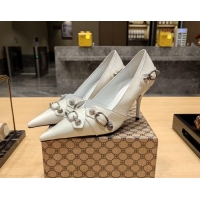 Low Cost Balenciaga Cagole 9cm Pumps in Oil Leather with Stud Buckle White/Aged Silver 2113055