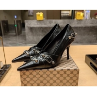 Good Quality Balenciaga Cagole 9cm Pumps in Oil Leather with Stud Buckle Black/Aged Silver 113057