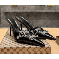 Pretty Style Balenciaga Cagole 9cm Mules in Oil Leather with Stud Buckle Black/Crystal 2113048