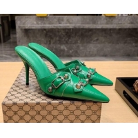 Charming Balenciaga Cagole 9cm Mules in Oil Leather with Stud Buckle Green/Aged Silver 2113050