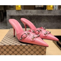 Grade Quality Balenciaga Cagole 9cm Mules in Oil Leather with Stud Buckle Pink/Aged Silver 113052