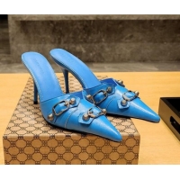 Classic Hot Balenciaga Cagole 9cm Mules in Oil Leather with Stud Buckle Blue/Aged Silver 2113054