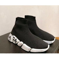 Best Product Balenciaga Speed 2.0 Graffiti Knit Sneakers Black/White 122222