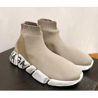 Stylish Balenciaga Speed 2.0 Graffiti Knit Sneakers Beige/White 122224