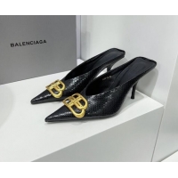 Classic Hot Balenciaga Square Knife BB Mules 8.5cm in Black Fake Phyton Calfskin 0331041