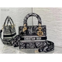 Top Quality Dior MEDIUM LADY D-LITE BAG Black and White Plan de Paris Embroidery M0565OOMP