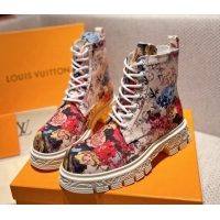 Good Looking Louis Vuitton Flower Print Fabric Ankle Boots Light Beige 110251