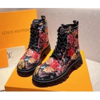 Top Design Louis Vuitton Flower Print Fabric Ankle Boots Black 110252