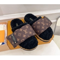 Luxury Louis Vuitton Slipper Pillow Flat Comfort Mules in Monogram Nylon and Shearling Black 110255