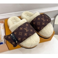 Stylish Louis Vuitton Slipper Pillow Flat Comfort Mules in Monogram Nylon and Shearling White 110256