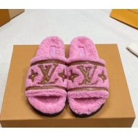 Perfect Louis Vuitton Shearling Flat Slide Sandals Dark Pink 110258