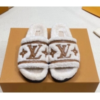 Stylish Louis Vuitton Shearling Flat Slide Sandals Cream White 110261