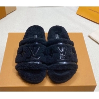 Good Product Louis Vuitton Shearling Flat Slide Sandals Black 110262