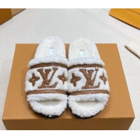 Fashion Louis Vuitton Shearling Flat Slide Sandals White/Brown 110265