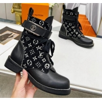 Best Grade Louis Vuitton Metropolis Lace-up Ankle Boots in Black Monogram Velvet and Leather 220156