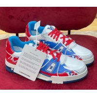 Top Design Louis Vuitton LV Trainer Sneakers in Printed Calf Leather Blue/Red 1223100