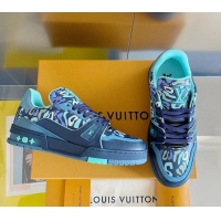 Unique Style Louis Vuitton Men's LV Trainer Sneakers in Camouflage Printed Leather Navy Blue 1223108