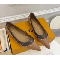 Good Quality Louis Vuitton Signature Flat Ballerinas in Leather and Monogram Canvas with Studs Brown 122728