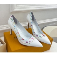 Good Product Louis Vuitton Signature Pumps 8.5cm in Leather and Monogram Canvas with Studs White 122732