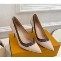 Stylish Louis Vuitton Signature Pumps 8.5cm in Leather and Monogram Canvas with Studs Nude 122734