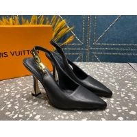 Pretty Style Louis Vuitton Sparkle Leather Slingback Sandals with Chain 9.5cm Black 020904