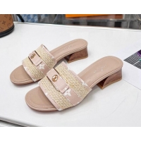 1:1 aaaaa Louis Vuitton Sienna Heel Slide Sandals 4cm in Raffia and Canvas Light Pink 022450