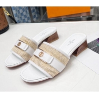 Duplicate Louis Vuitton Sienna Heel Slide Sandals 4cm in Raffia and Leather White 022455