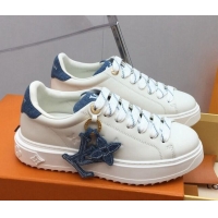 Stylish Louis Vuitton Time Out Sneaker in White Leather and Blue Denim with LV Charm 022874