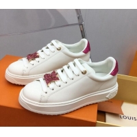 Good Quality Louis Vuitton Time Out Sneaker in White Leather with LV Charm and Crystals Pink 022879