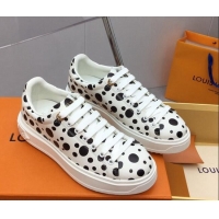 Luxury Louis Vuitton LV x YK Time Out Sneaker in White Leather with Black Dots Print 022881