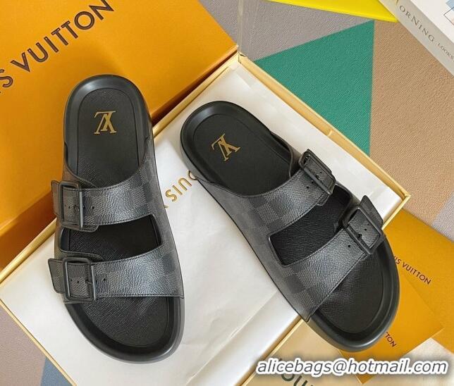 Perfect Louis Vuitton LV Trainer Flat Slide Sandals in Damier Graphite Canvas 0228103