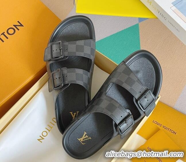 Perfect Louis Vuitton LV Trainer Flat Slide Sandals in Damier Graphite Canvas 0228103