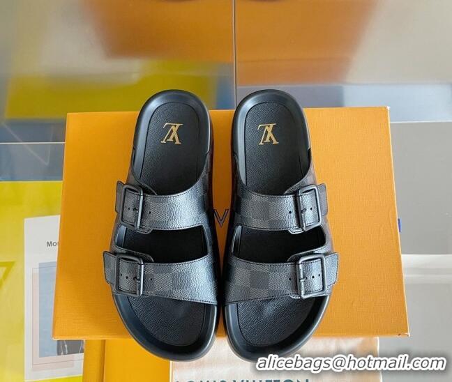 Perfect Louis Vuitton LV Trainer Flat Slide Sandals in Damier Graphite Canvas 0228103