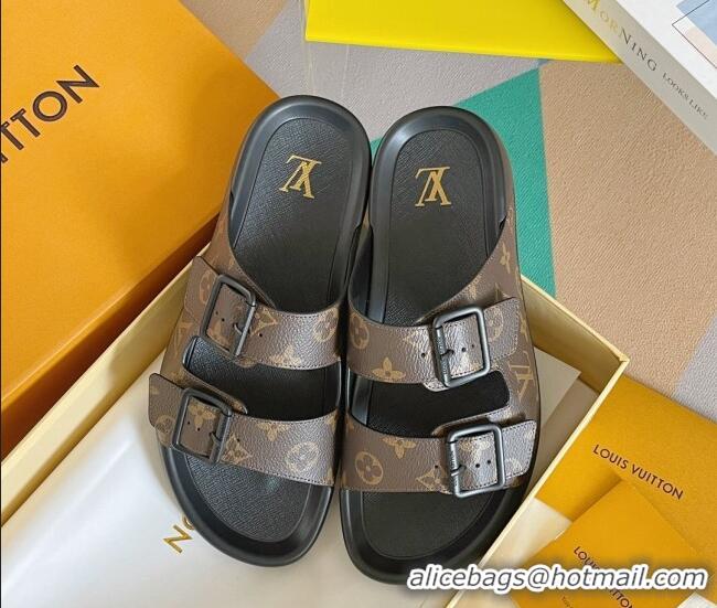 Stylish Louis Vuitton LV Trainer Flat Slide Sandals in Brown Monogram Canvas 0228105