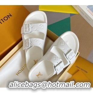 Best Product Louis Vuitton LV Trainer Flat Slide Sandals in White Monogram Leather 0228107