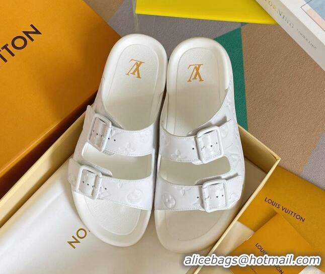 Best Product Louis Vuitton LV Trainer Flat Slide Sandals in White Monogram Leather 0228107