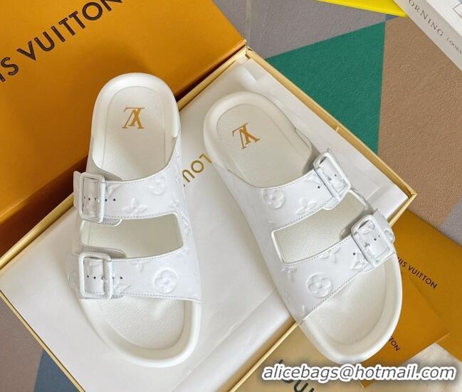 Best Product Louis Vuitton LV Trainer Flat Slide Sandals in White Monogram Leather 0228107