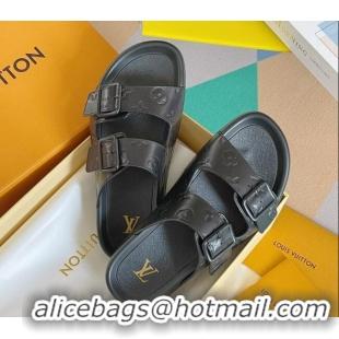 Luxury Discount Louis Vuitton LV Trainer Flat Slide Sandals in Black Monogram Leather 0228108